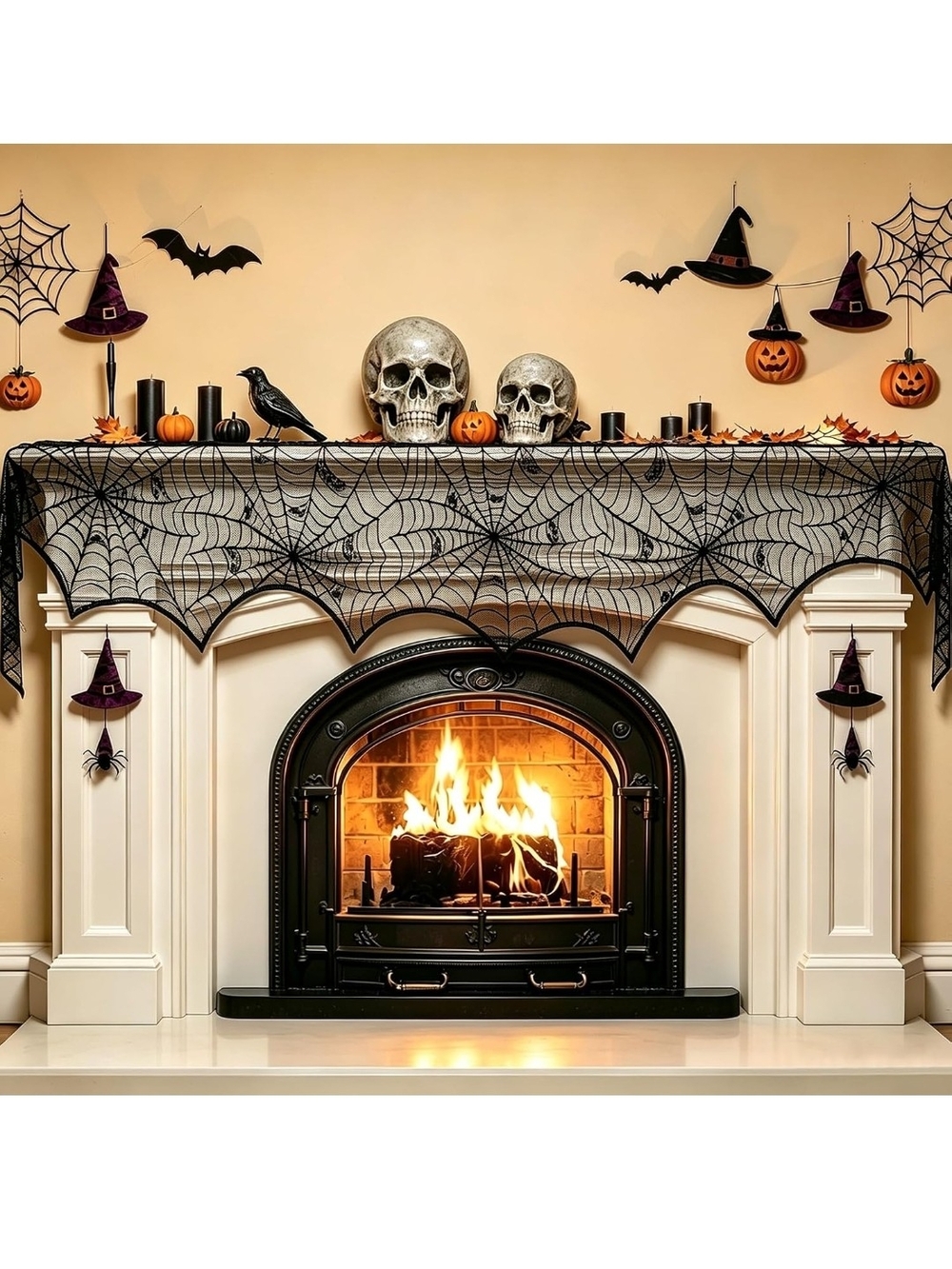 Halloween Spider Web Table Runner - Black Lace Mantel Cover